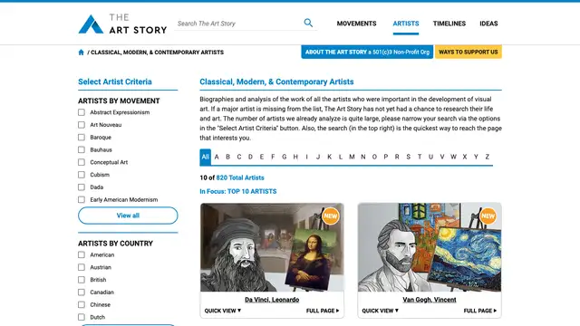 The Art Story Artists Website preview